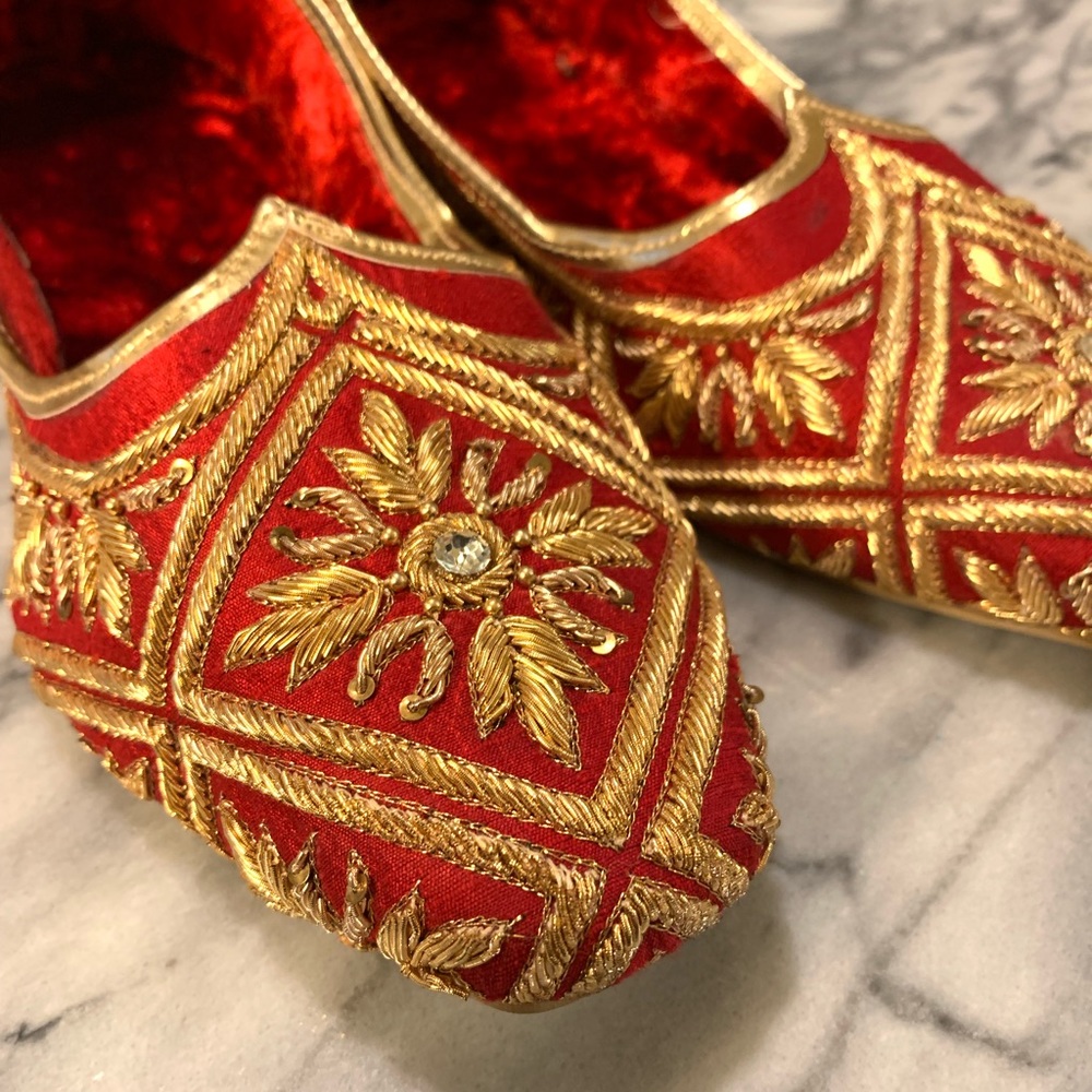 Handmade red and gold Indian loafers